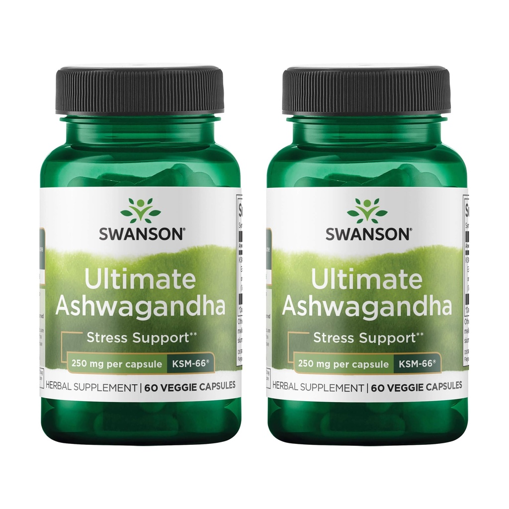 Swanson Ultimate Ashwagandha KSM-66 - Herbal Supplement støtter sunn stress nivåer og avslapning - Naturlig formel for å fremme en rolig og avslappet mindset - (60 Veggie kapsler, 250 mg hver) (2 pakke)