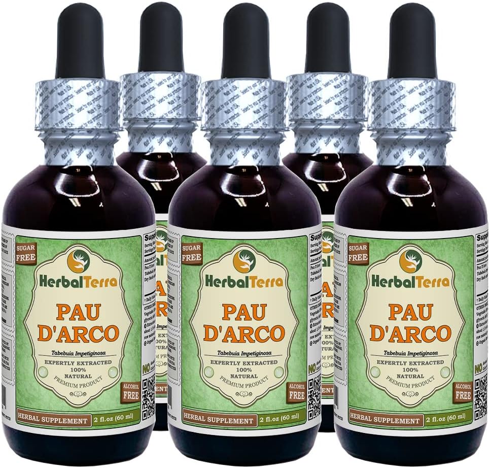 PAU d'arco (Tabebuia Impetiginosa) Glyceritt, tørket Bark alkoholfri væskeekstrakt (merkenavn: HerbalTerra, stolt laget i USA) 5x2 fl.oz (5x60 ml)