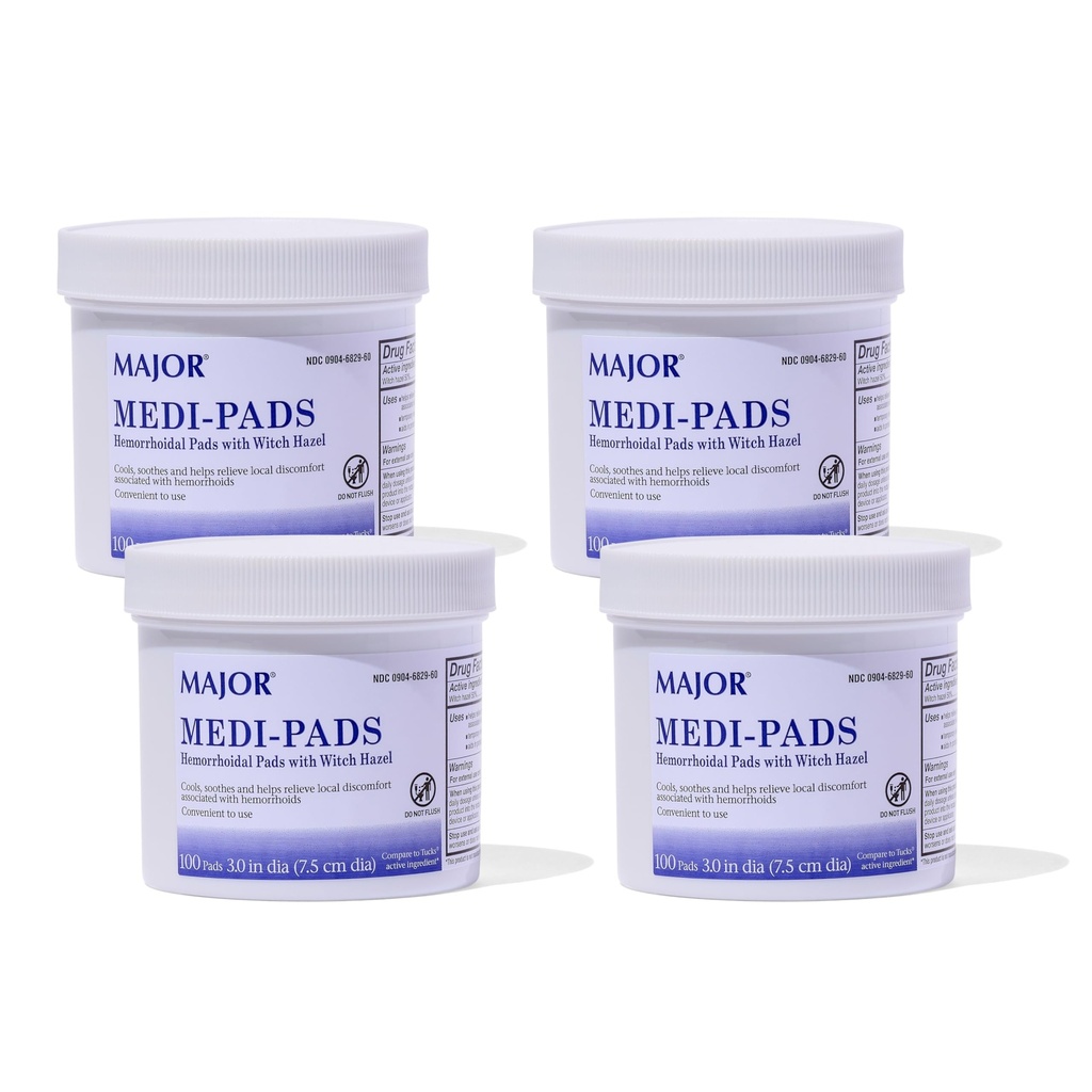 MAJOR Medi-Pads - Hemorroideal hygienisk rense heks Hazel Pads - kjølebehandling relief med Aloe - 100 greve Jar (4 pakke)