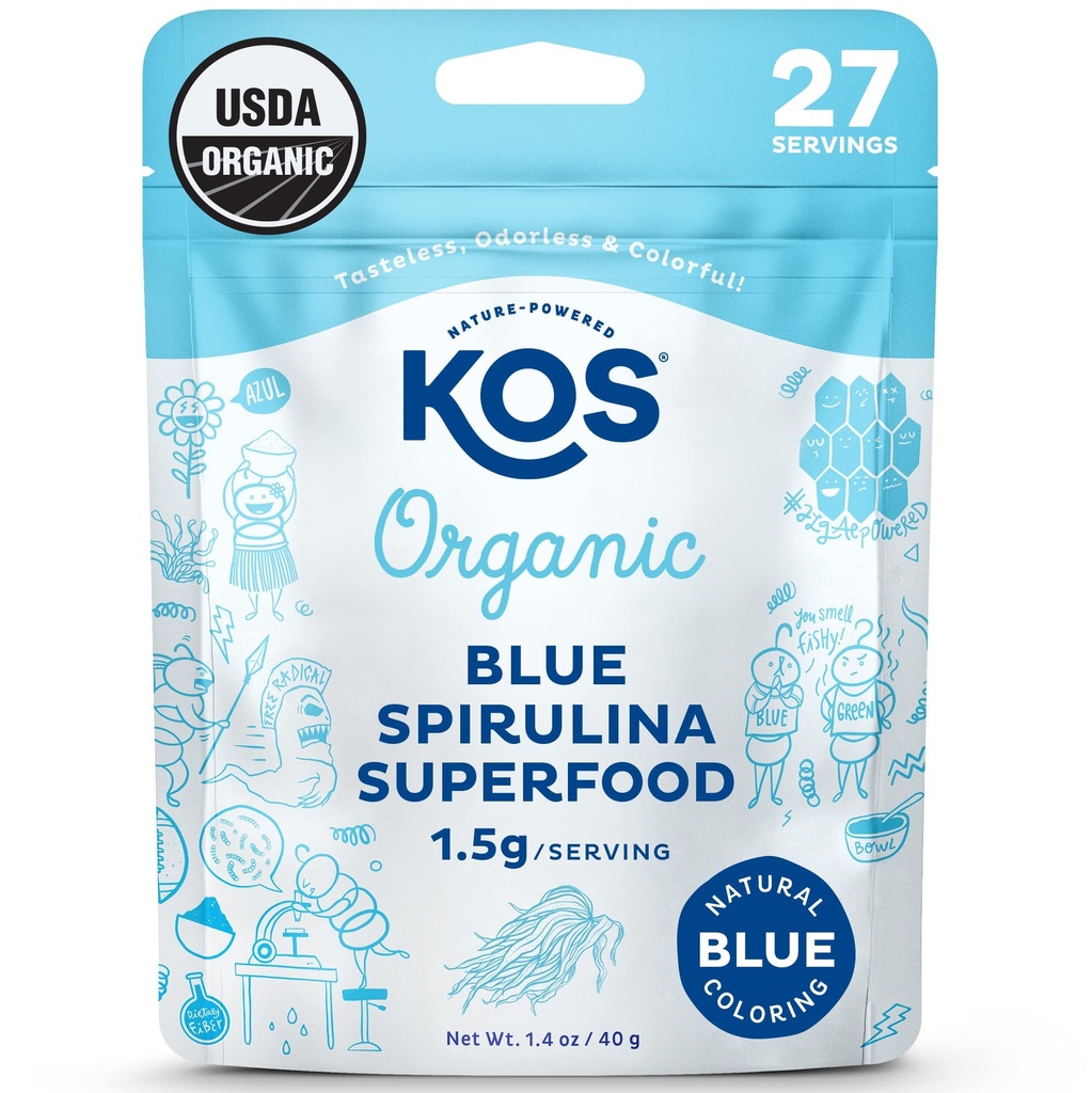 KOS USDA Økologisk Blå Spirulina Powder, Phycocyanin - Vegansk Algae Superfood - Naturlig Food Farger For Smoothies & Protein Drikke, Plant Basert, Ikke GMO - 27 Serveringer