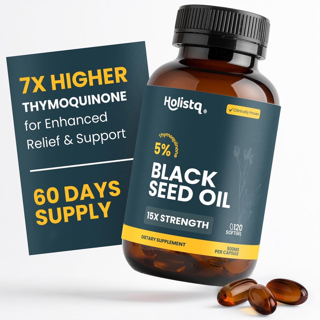 Holistiq Black Seed Oil Organic Cold Pressed Capsules | 5% Tymoquinon | Ikke-GMO & Vegansk | Nigela Sativa Svart Cumin Seed Oil, Omega 3 6 9 voksen immunitetsstøtte - 120 Softgels, 2 måneders forsyning