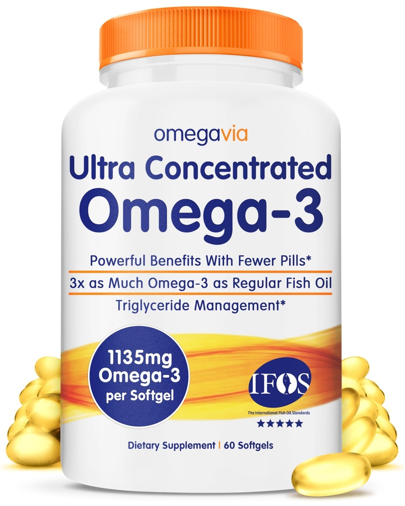 OmegaVia Ultra konsentrert Omega 3 Fiskeolje Burpless, 60 Softgels, Triple Styrke Omega 3 Fish Oil Supplements, 1135 mg Ren Omega3, Ingen Fisk Burps, høy EPA DHA DPA, IFOS 5-stjerners