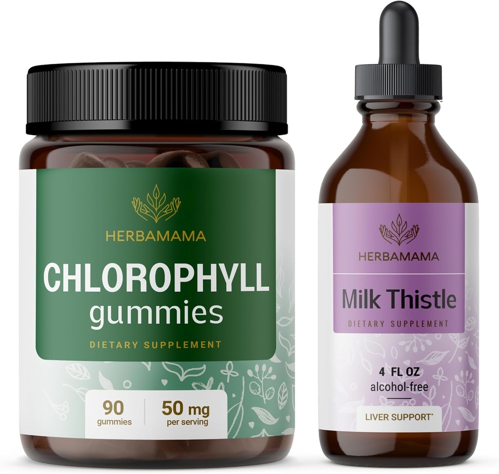 HERBAMAMA Klorofyll og Melk Thistle Kit - Bundle på 50 mg Klorofyll Gummier & Melke Thistle Extract Tinktur 4 fl oz - Vegansk, ikke-GMO, sukker og alkohol-fri - 2 pakke