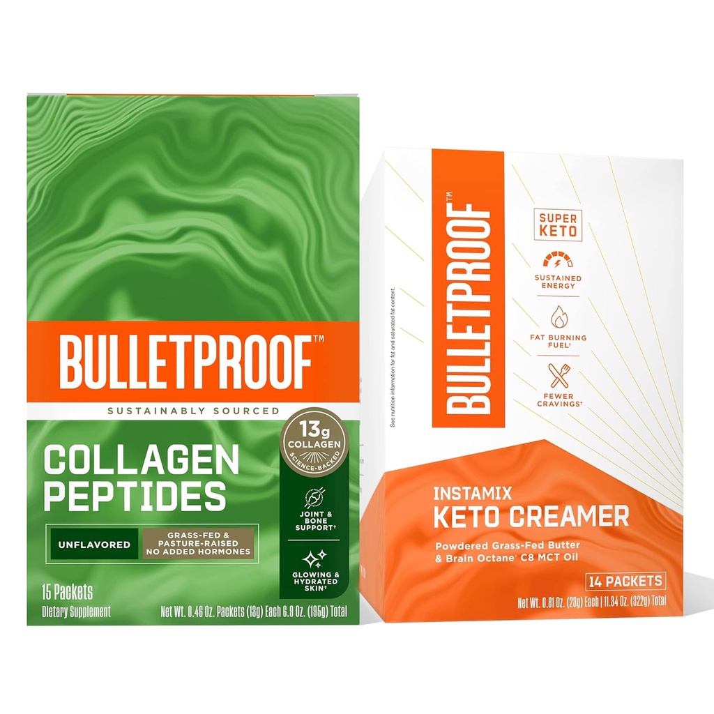 Bulletproof Coffee Duo - InstaMix Keto Kaffekremer med Grass-Fed Ghee og MCT olje, 14 Pack & Unflavored Collage Protein med 13g Grass-Fed Collage Peptider for hud, bein og joints, 15 Pack