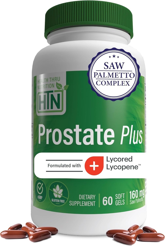 Health Thru Nutrition Prostate Plus med såld Palmetto Extract, Lycopen som lycored, plantesteroler, selenium, sink og pumpekinfrø | Komplett prostatestøtte | Ikke-GMO & Glutenfri (pakke på 60)