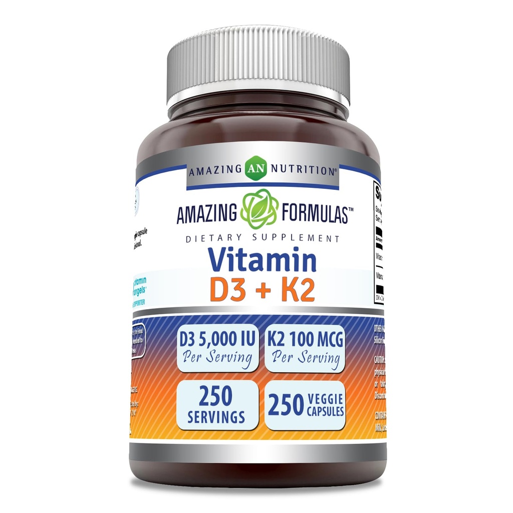 Amazing Formler Vitamin D3 5000 IU med vitamin K2 100 Mcg® 250 Veggie Kapsler | D3 + K2 kompleks | Ikke-GMO | Glutenfri |