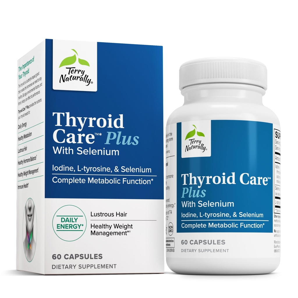 Terry Naturally Thyroid Care Plus - Iodine + L-tyrosin, 60 kapsler - Thyroid Support Supplement med Selenium, fremmer energi og metabolisme - Ikke-GMO, Glutenfri, Kosher - 30 Services