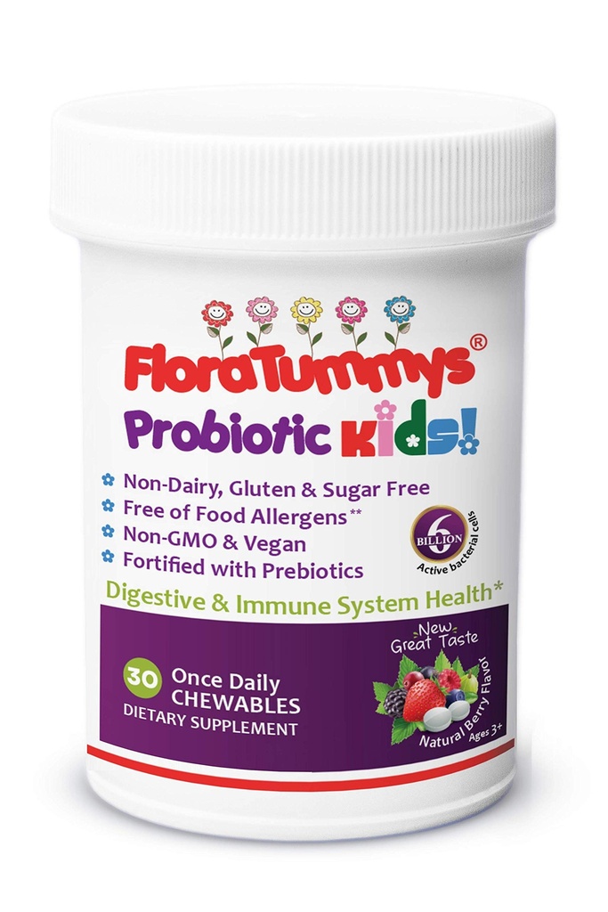 BlomsterTummys Kids Chewable Probiotic Prebiotics: Ikke-Dauende, Gluten & Sukker-fri, Peanut & Soy Free, Ikke-GMO, Testet & Gratis av matallergier, Vegansk, Kosher, Berry Flavor(1 Flaske)