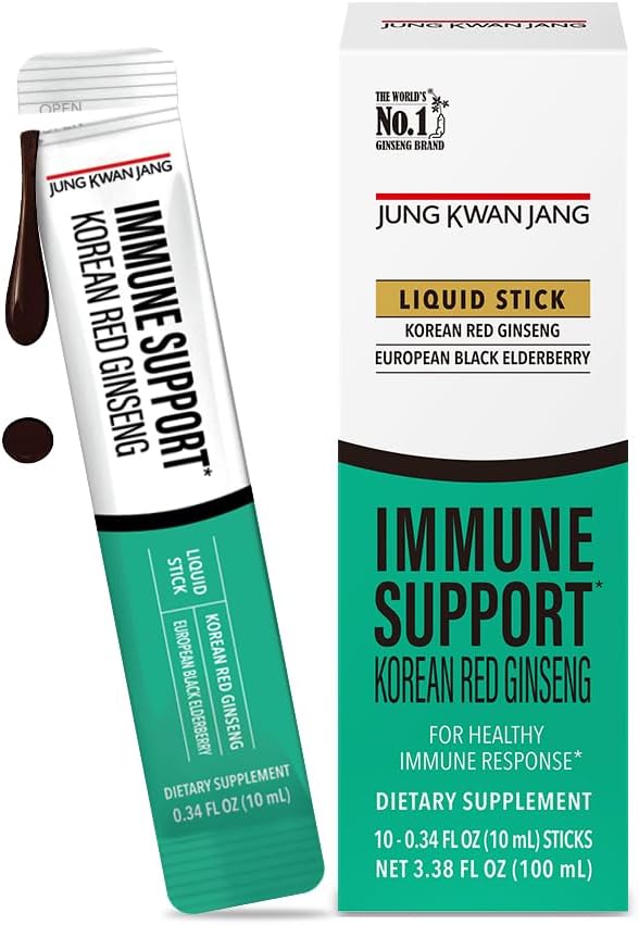 JUNG KWAN JANG Korean Red Panax Ginseng (800mg) og Elderberry (469mg) Immunstøtte Hver gang Ekstrakt Sticks, Antioksidant Supplement for immunisme og daglig velvære, 10 greve