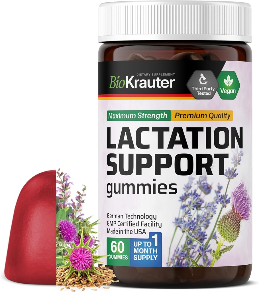 BIO KRAUTER Lactation Support Gummies - 60 Chews - Naturlig Lactation Supplement - Goats Rue, Fenugreek, Melke Thistle Extracts - Vegansk Brystmating Kosttilskudd