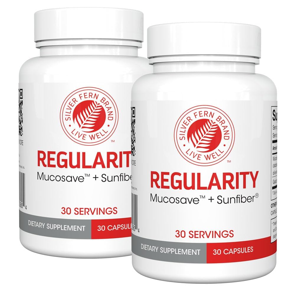 Sølv Fern Brand Regularity Digestive Supplement - 2 flasker = 60 kapsler = 60 dagers forsyning - Mucosave FG (Prickly Pear Polysaccharides & Olive Leaf Polyphenoler) & SunFiber