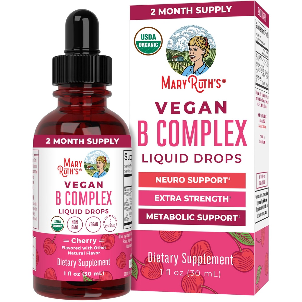 MaryRuth Organics Vitamin B-kompleks | B-vitaminer Kompleks | Biotin | Vitamin B12 | Niacin | Folate | Metabolic Støtte Supplement | Vegan | USDA Økologisk | Ikke-GMO | Glutenfri | 2 måneders forsyning