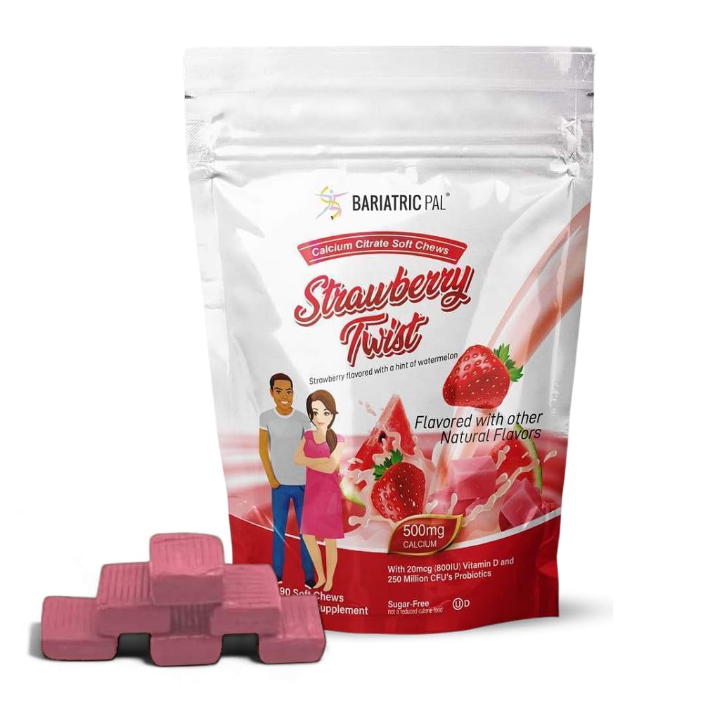 BariatricPal sukker-fri kalsium citrate myk Chews | 500 mg med vitamin D & probiotika | Strawberry Twist | 90 greve (1 måneds forsyning)