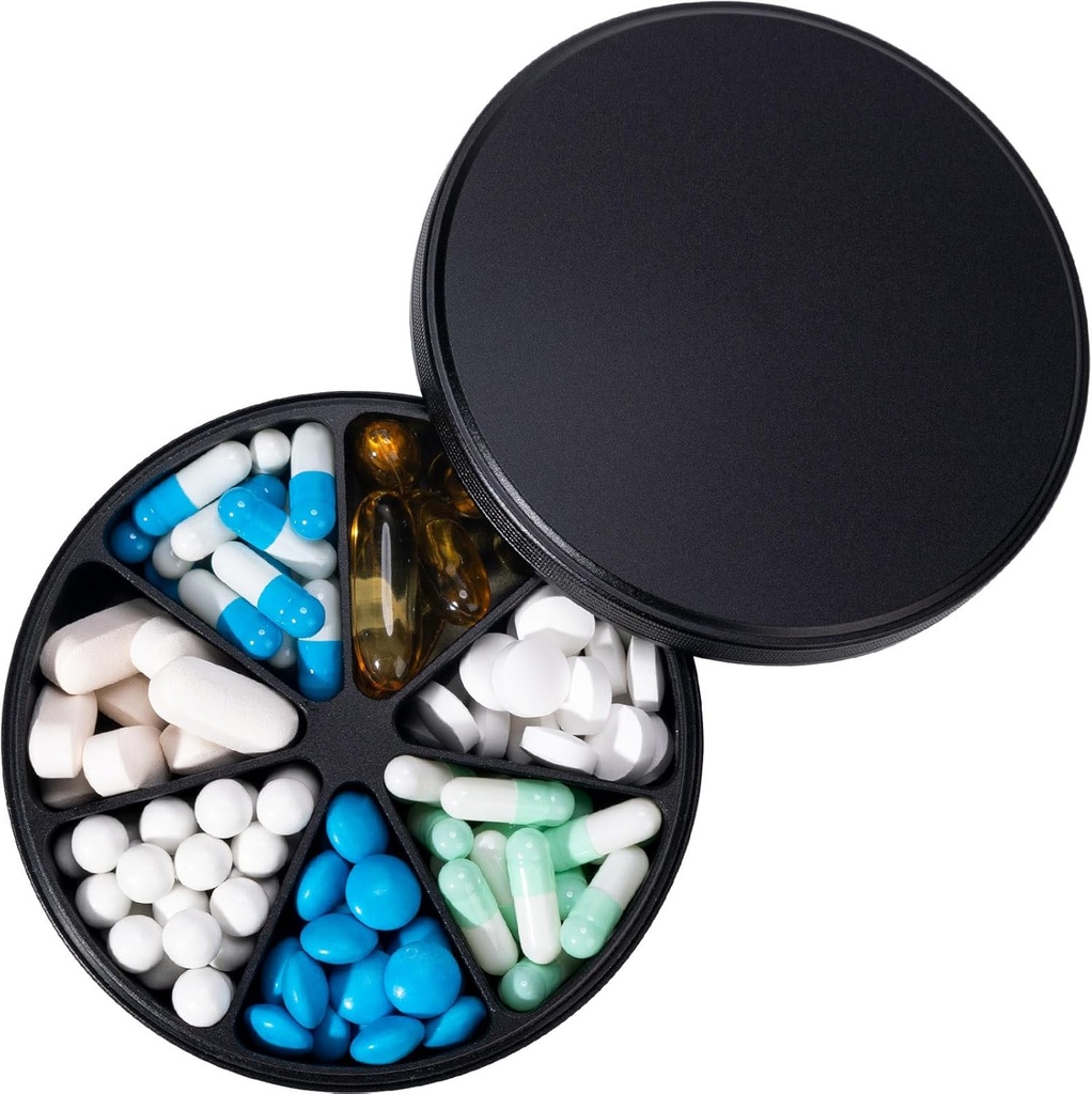 Metall Pill Dispenser Pill Organizer med 7 sammenligninger - Heavy Duty Anti-Mix Pill Container, Stor vanntett Daily Pill Box Pill Case for vitamin, medisin, Supplement, Fiskeolje, 0,39lb (svart)