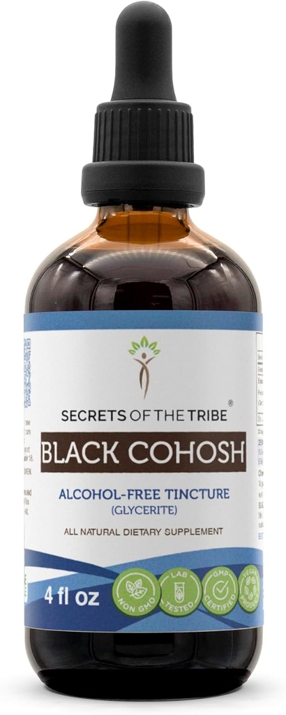 Hemmeligheter av Tribe Black Cohosh Tinkture alkohol-fri ekstrakt, høy potens Herbal Drops, Tinktur laget av ansvarlig oppdrett svart cohosh (Cimicifuga Racemosa) Tørket rot 4 oz