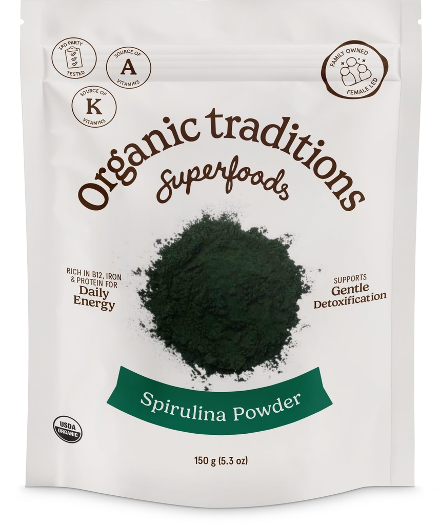 Organiske tradisjoner Organic Spirulina pulver Vegansk ikke-GMO Superfood, 5.3oz (150g) pose, 50 serveringer per pose