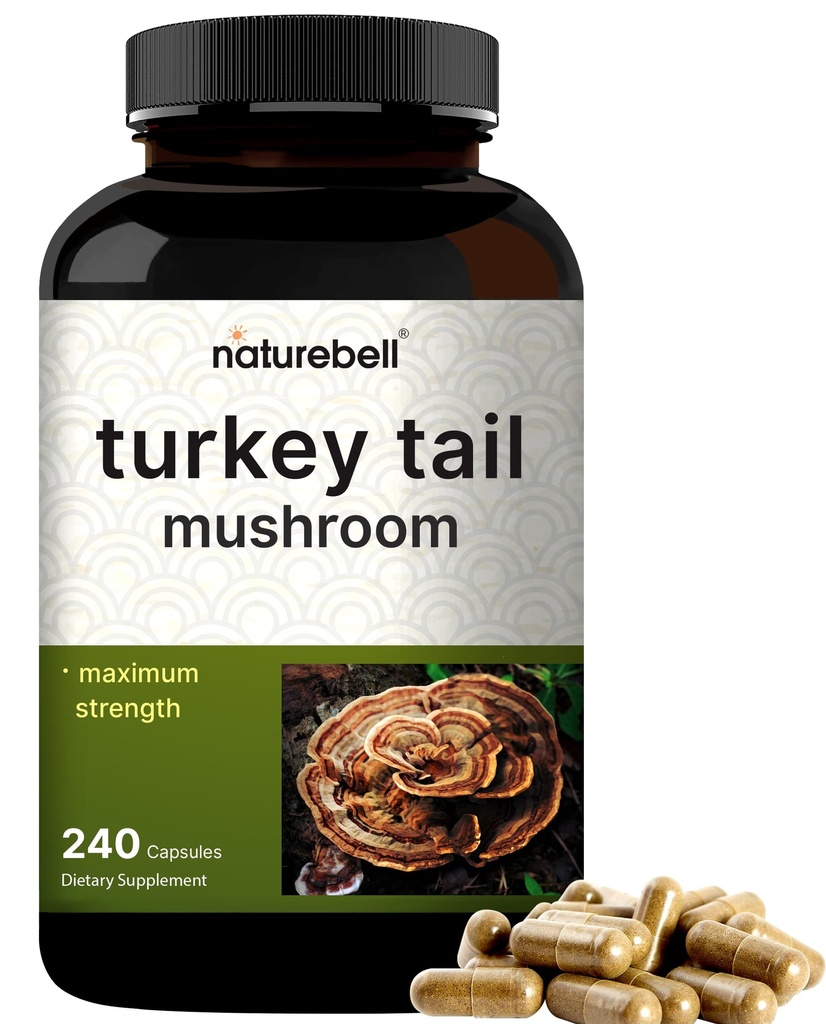 NatureBell Tyrkia Tail Mushroom Kapsler 15 000 mg Per servering, 240 greve 25:1 Frukting Kropp & Mycelium ekstrakt - Immun & Hjerne Helse Mushrooms Supplement.