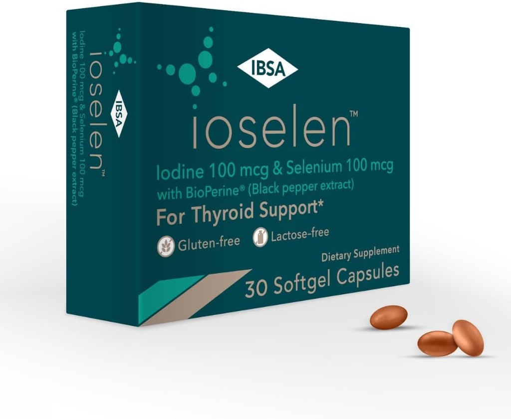 Ioselen - Thyroid støtte Supplement - 100 mcg Selenium, 100 mcg jodin, 5mg BioPerine - 30 Soft-Gel Caps for økt biotilgjengelighet og absorpsjon - Glutenfri, Laktosefri, sukkerfri, ikke-GMO