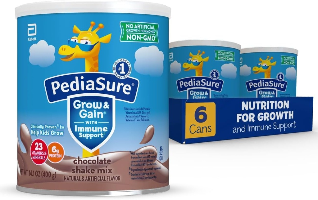 PediaSure Grow & Gain with Immune Support Shake Mix Powder, 23 vitaminer og mineraler, 6g Protein, Ikke-GMO, Glutenfri, Kids Næring, Sjokolade, 14,1 oz Can, Pakke med 6-48 porsjoner