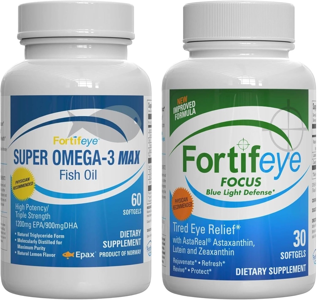 Fortifeye blått lys og hjerte helse støtte Bundle ® Super Omega-3 Max fiskeolje, 60 mykgels og fokus Blåt lys forsvar, 30 Softgels