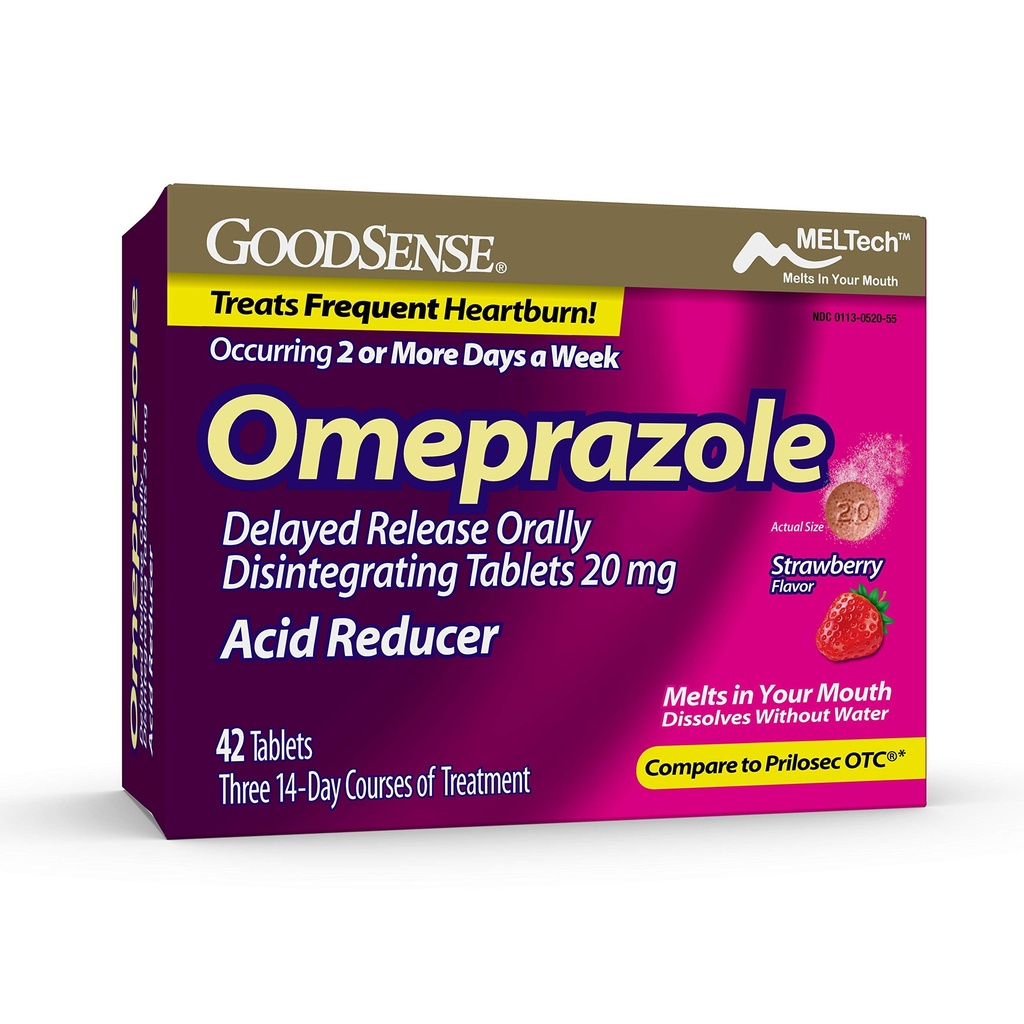 GoodSense Omeprazol forsinket release oralt disintegrere tabletter 20 mg, Strawberry Flavor, oppløse tabber, behandler hyppig halsbrann, syre Reduser, Heartburn medisin, 42 tabletter