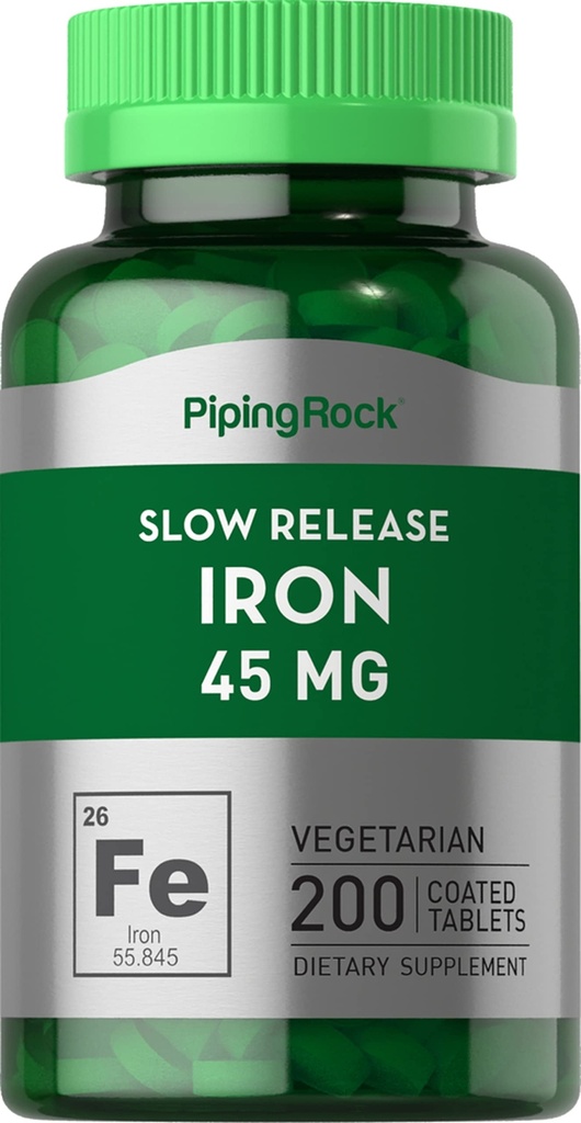 Piping Rock Iron Supplement 45 mg | 200 tabletter | for kvinner og menn | Slow Release Ferrous Sulfate | Vegetarisk, ikke-GMO & Glutenfri