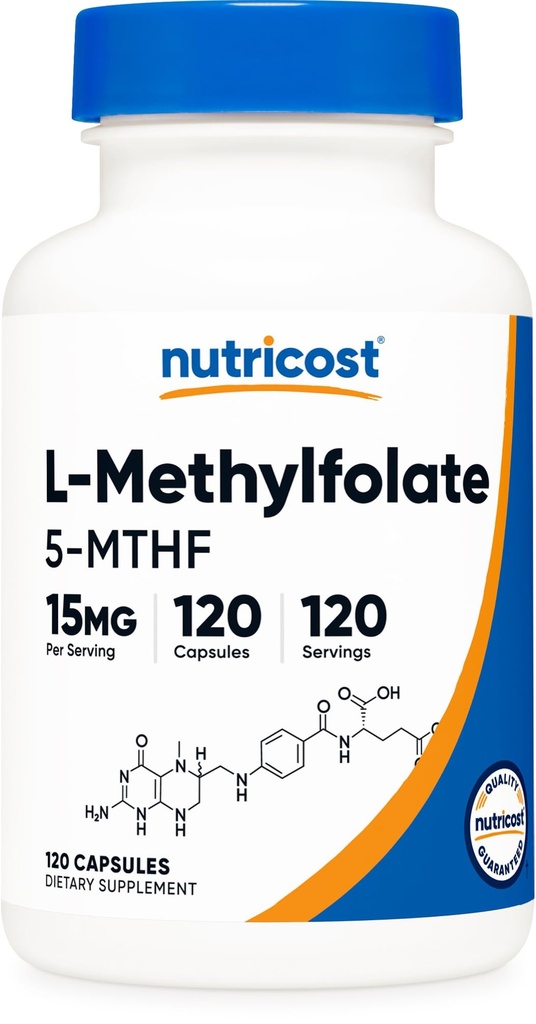 Nutricost L-Metylfolat 15mg, 120 Kapsler (5-MTHF) - Vegan, ikke-GMO, Glutenfri