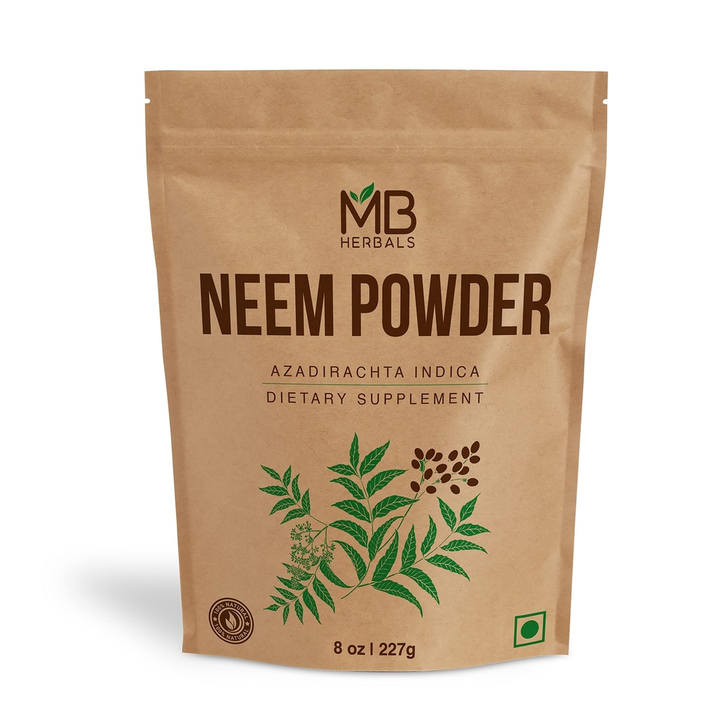 MB Herbals ren Neem pulver 8 oz | 227 gram / 0.5 LB ren Wild-crafted Neem Leaf pulver | Supplement for huden og håret | Azadirachta Indica