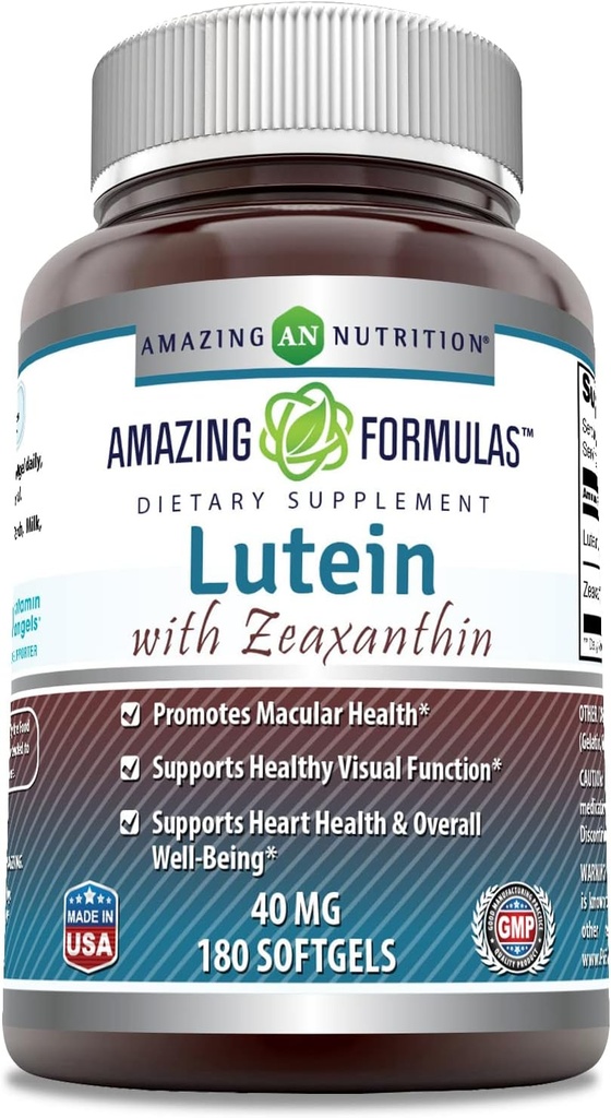 Amazing Formler Lutein 40 mg med Zeaxanthin 1600 mHg Softgels Supplement | Ikke-GMO | Glutenfri | laget i USA (40 mg, 180, greve)