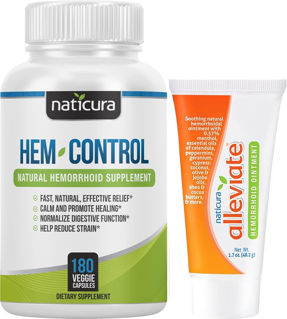 Bundle - Hem-Control Vegansk Digestiv støtte Supplement (180 greve) og allevidere naturlig hemorroid relief krem for brenning, kløe og heving (1,7 oz) Plus 2 Travel-Size Rør