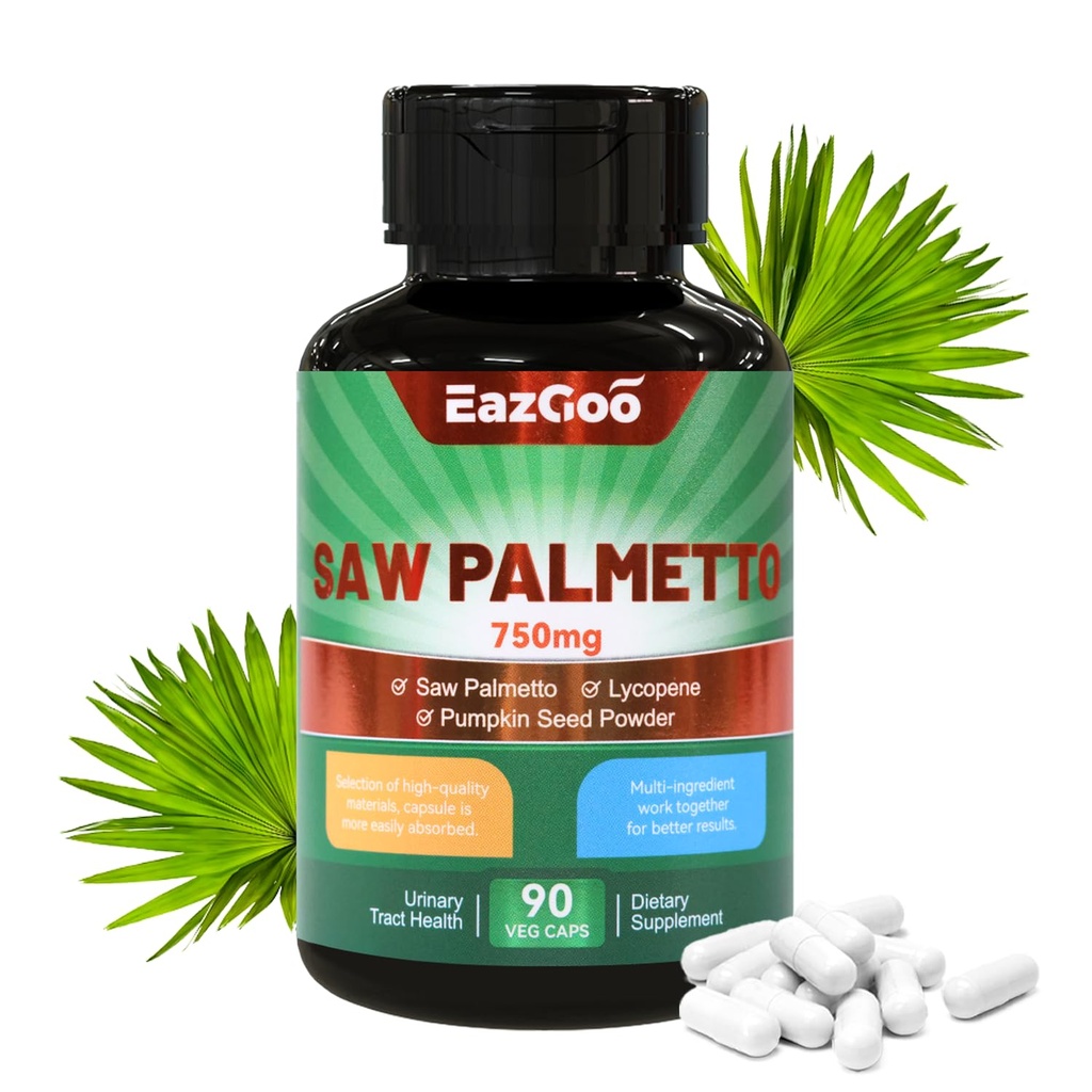 Saw Palmetto Supplement, så Palmetto Extract 750mg, med Lycopen, Pumpkin Seed pulver, for menn og kvinner,Non-GMOs & Gluten, Vegan, 90 Count Kapsler