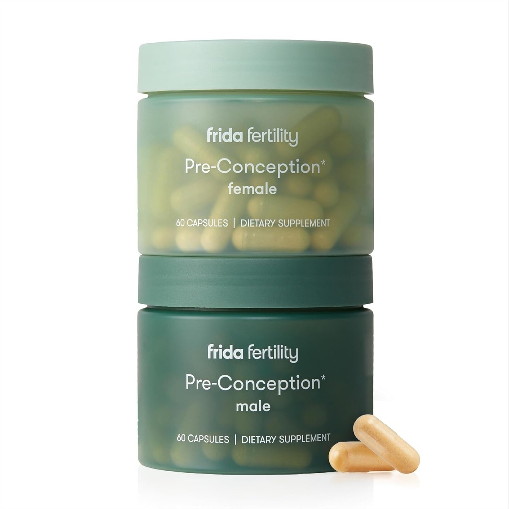 Frida Fertilitet Pre-Conception Supplement Set, Hans og hennes daglige vitaminer og mineraler for fertilitet, Egg støtte og sperm helse, folsyre, inositol, CoQ10, 60 kapsler hver, 30 dagers forsyning