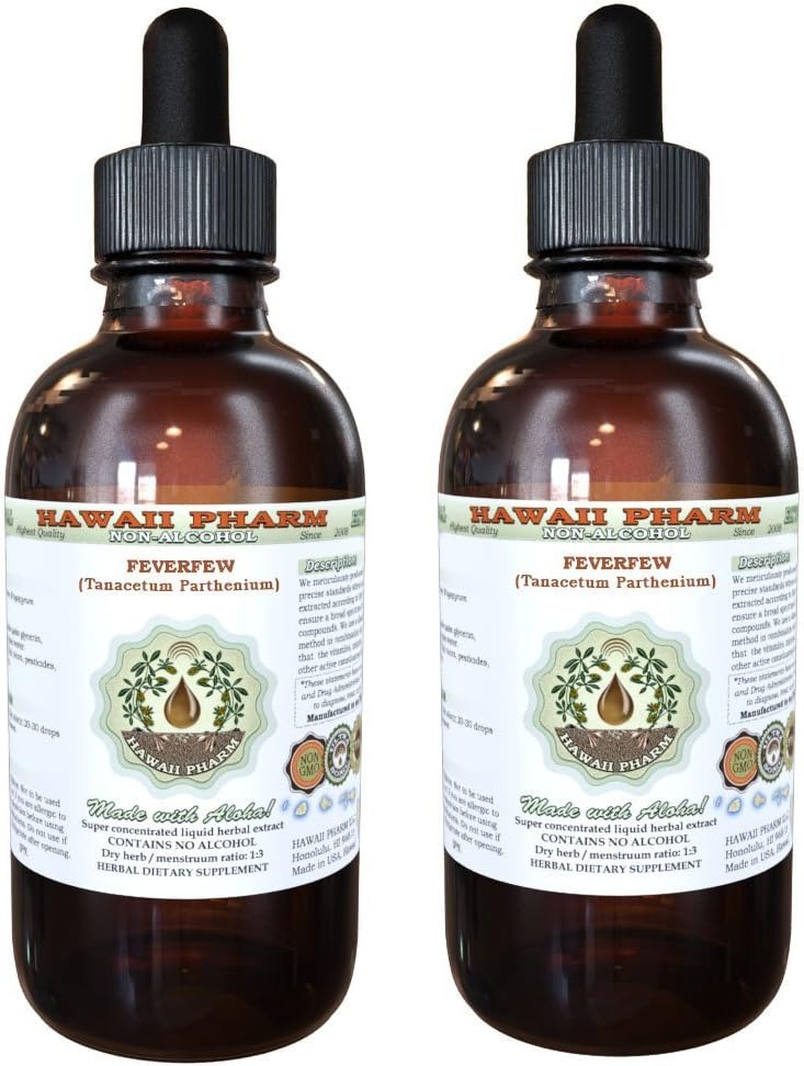 Feberfew alkohol-fri flytende ekstrakt, organisk feberfeber (Tanacetum parthenium) tørket Herb Glycerite Hawaii Pharm Naturlig Herbal Supplement 2x4 oz