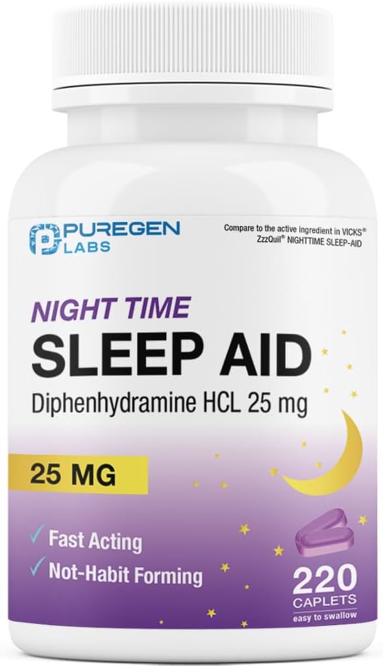 Puregen Labs Sleep Aid Caplets, Diphenhydramine HC1 25mg - 220 greve | Støtter dypere, Restful Sleeeping, Ikke Habit-Forming | Laget i USA