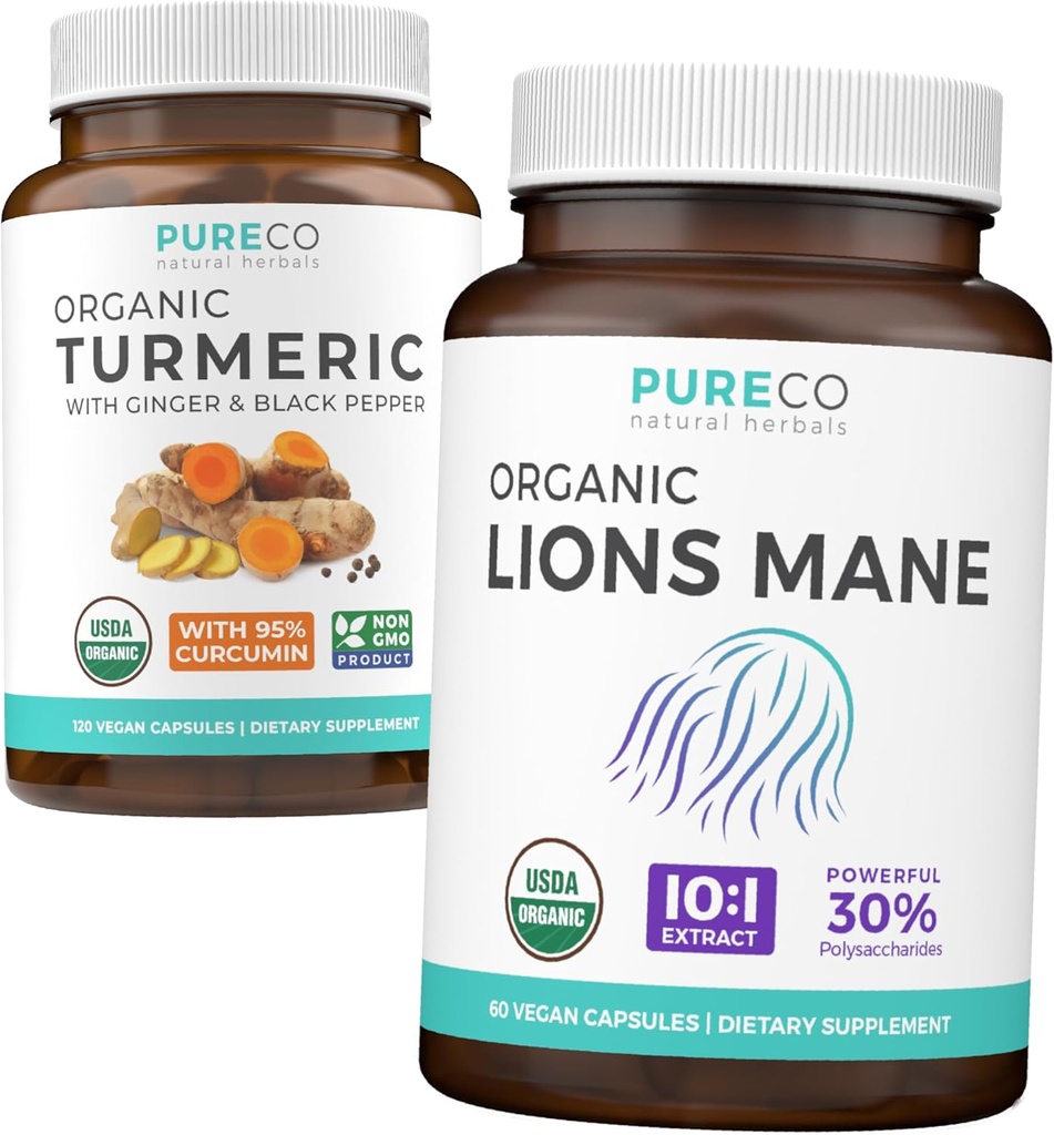 Turmeric & Lions Mane (1-måneders forsyning) Mindful Turmeric Bundle av organisk turmerisk curcumin med svart pepper & ginger (120 Caps) & organiske løver Mane Mushroom 10:1 ekstrakt (60 Caps)