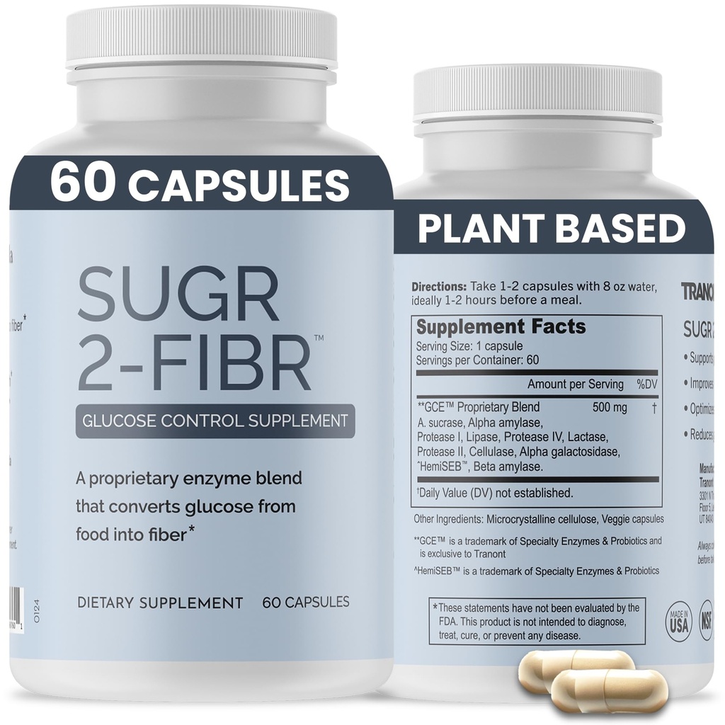 OPTIVIDA Sugr-2-Fibr - Premium Blood Sugar Support Supplement* (60 greve) - Støtte sunne blodsukkernivå* ved å støtte glucosemetabolisme til fiber* - Glutenfri, ikke GMO, Veggie Kapsler.