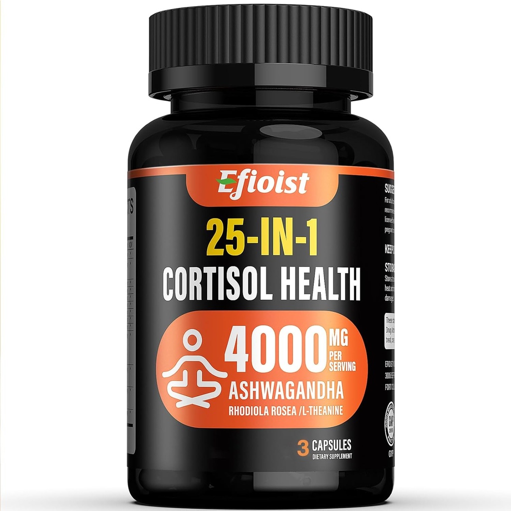 Cortisol Helse Supplement, 25-i-1 Cortisol Reducer for kvinner og menn, Cortisol Kosttilskudd for med Ashwagandha, Rhodiola Rosea, L-Theanine, 3 kapsler