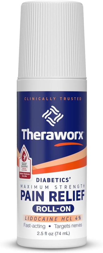 Theraworx Maksimal styrke diabetikk smerte lindring Roll-On med Lidocain - 2,5 oz - 1 greve