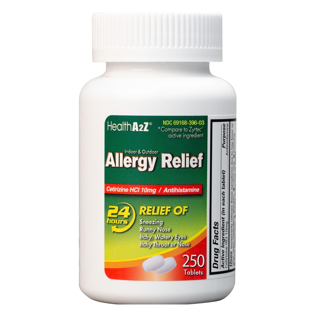 HealthA2Z® Allergi relief | Cetirizine 10mg | Heldag Allergy Relief | Innendørs & Utendørs | Relief fra Itchy Throat, Sneezing, Runny Noses (250 teller)