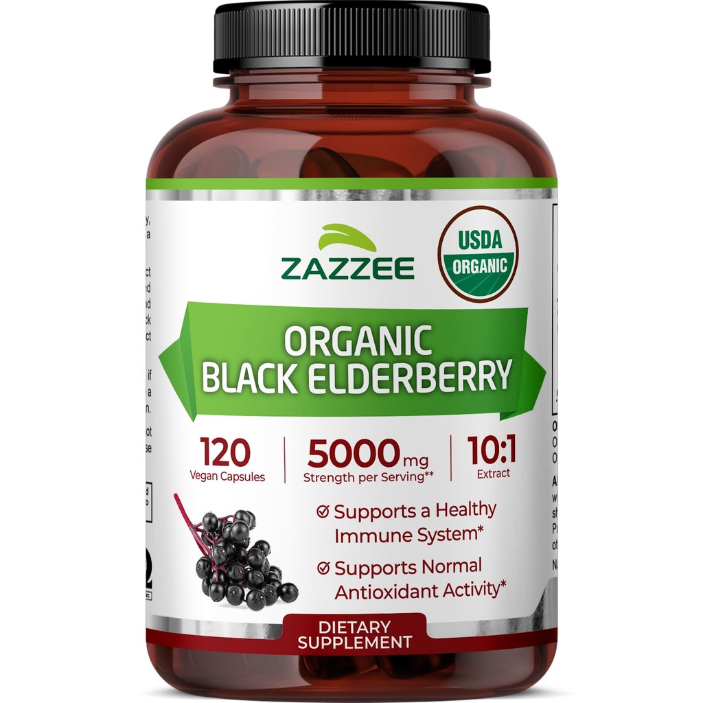 Zazzee USDA organisk svart eldrebær 10:1 ekstrakt, 5000 mg styrke, 120 veganske kapsler, 2 måneders forsyning, standardisert, konsentrert 10X ekstrakt, 100% vegetarisk, all-naturlig, ikke-GMO, laget i USA