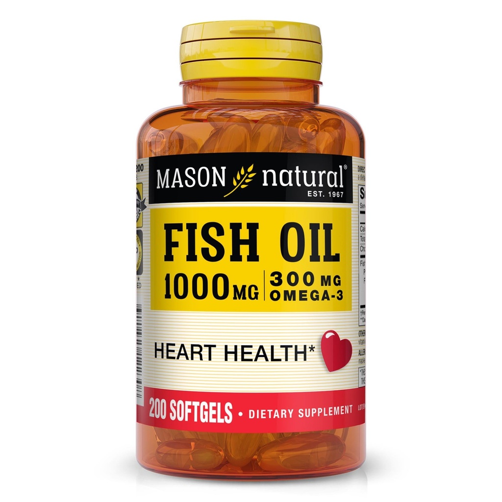 MASON NATURAL Omega, 3 Fiskeolje, 200, Dagsforsyning, 1000mg med EPA og DHA for felles støtte, Softgel piller