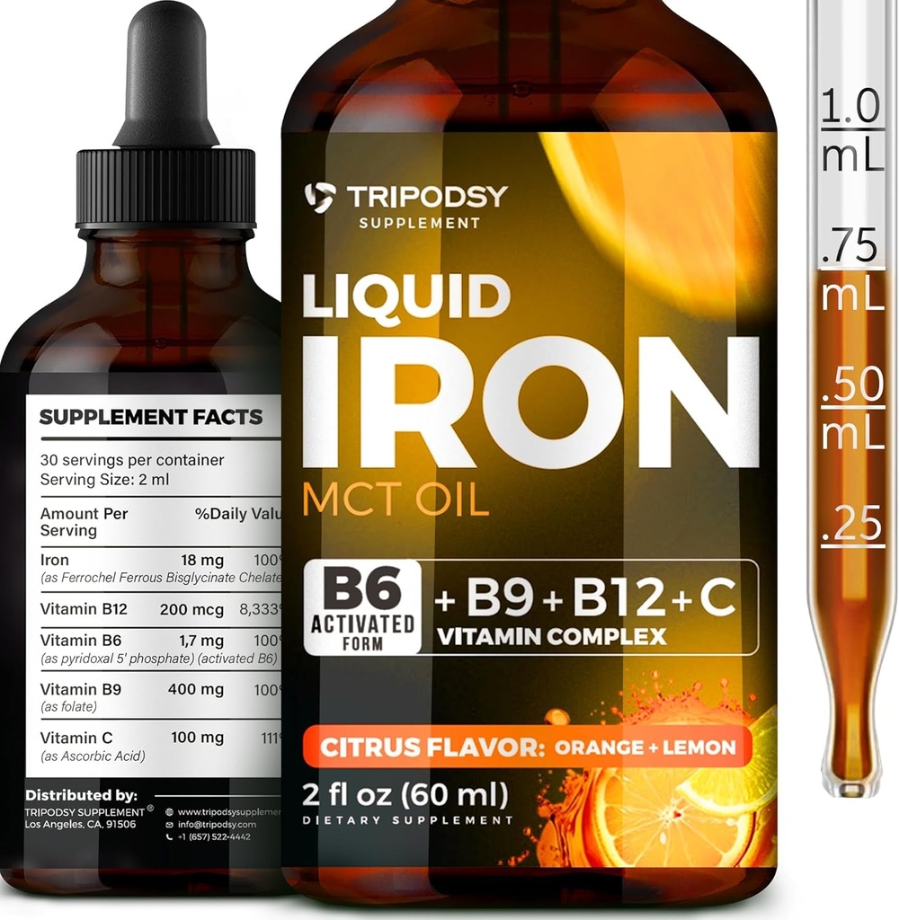 Liquid Iron Supplement for kvinner og menn - jerndråper med B6, B9, B12, Vitamin C for anemi, blodbygger, folat for rød blodcelle og immun støtte MCT olje (2 FL OZ, Cirtruc)