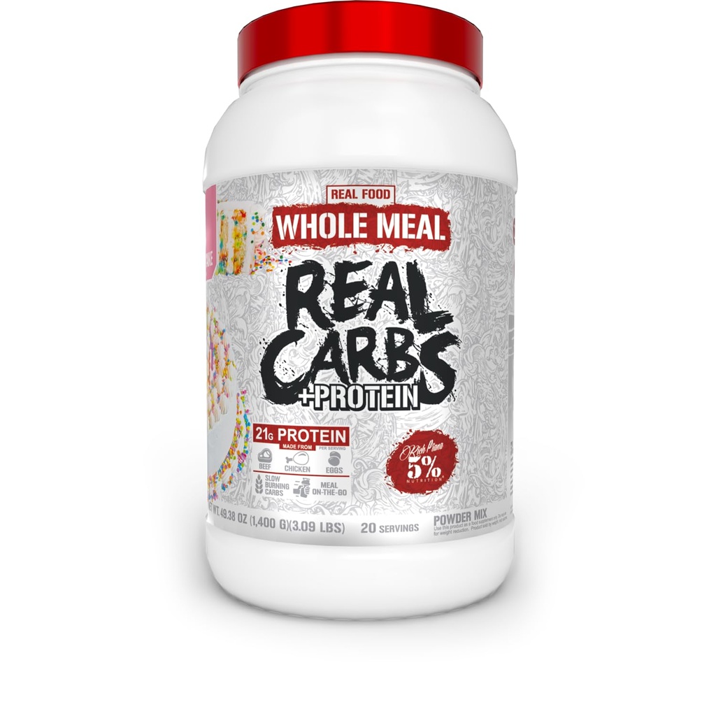 5% Ernæring Rich Piana ekte karbohydrater + Protein | Clean Mass Gainer Måltid Erstatning Protein pulver | Karbohydrat for pre trening / Post-Workout Recovery måltid | 3 lb, 20 Srvgs (fødselsdag Cake + Protein)