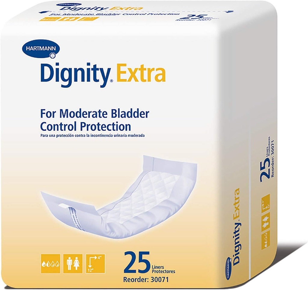 Dignity Extra Incontinence Liner for menn og kvinner - Blader Leak Pads, moderat absorbens - En størrelse passer mest, 4 i x 12 i, 25 greve, 1 pakke