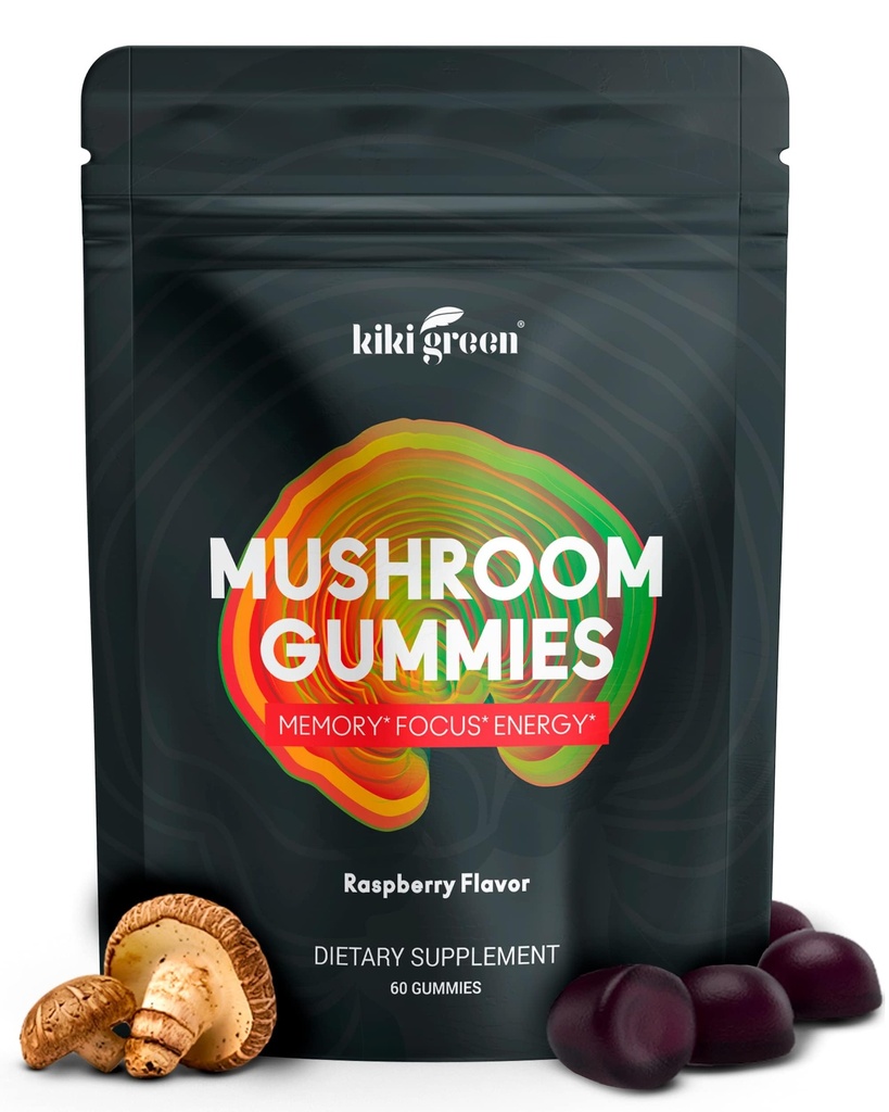 KIKI Green Moshroom Gummies med Lion's Mane og 9 Adaptogen Superfoods Blend - Chaga, Red Reishi, Cordyceps, Shiitake, Svart Fungus | 60 greve, 10:1 Ekstrakt
