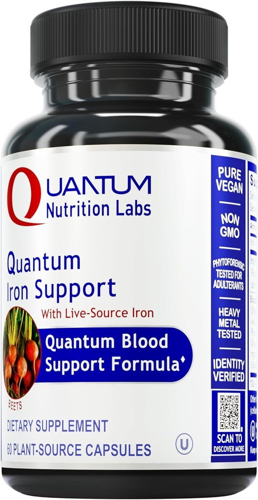 Quantum Nutrition Labs Iron Support - Jern Supplement for kvinner og menn, Vegan jern kosttilskudd, lav dose gentle jern, naturlig utgitt for å støtte sunn blod - 60 vegetariske kapsler