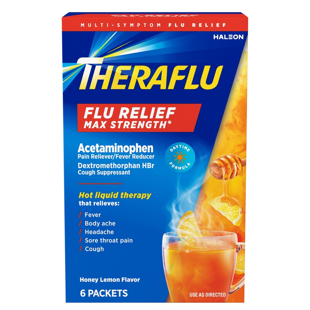 Theraflu Max Styrke Dagtid influensa medisin for influensa Symptom Relief med acetaminophen og Dextromethorphan HBr, Honning Lemon Flavored - 6 pulverpakker