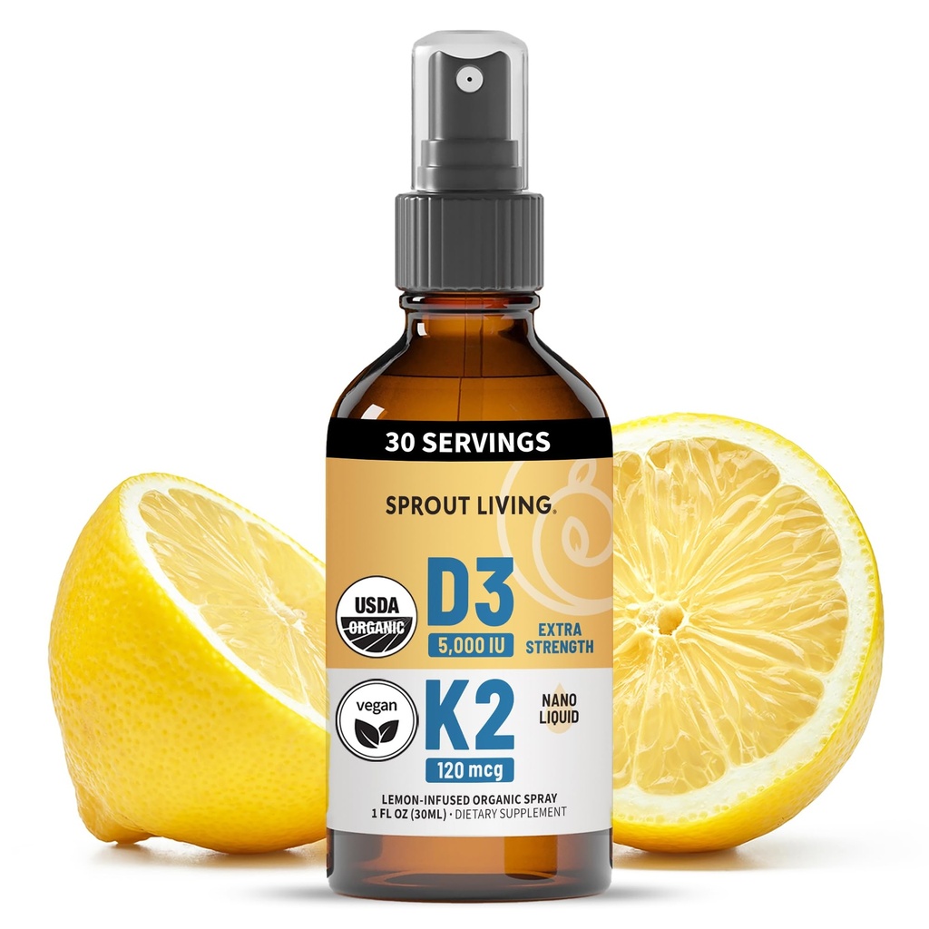 Organisk vitamin D3 5000 IU (Lichen) + K2 120 MG (Fermented Chickpea), immun-, bein- og hjertehelse med kalsiumabsorpsjon, sitron- og citrusmineraler, sukkerfri, spray (1 FL OZ, 30 serveringer)