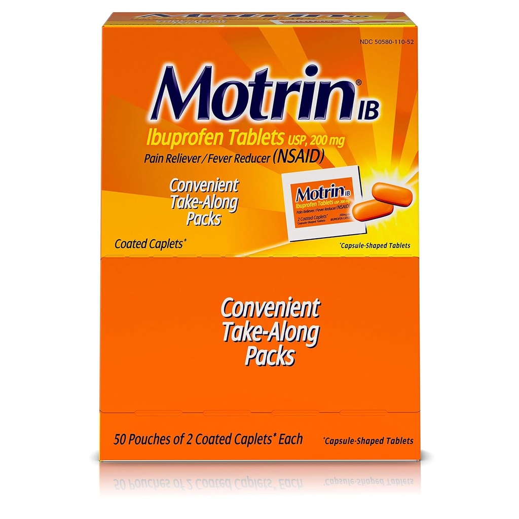 Motrin IB - Ibuprofen tabletter, to tabletter per pakke, 50 pakker totalt, en eske