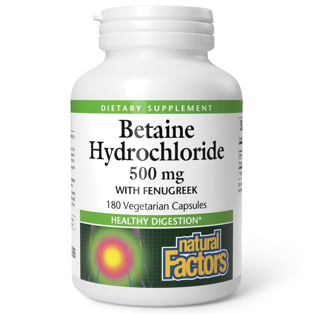Naturlige faktorer, Betaine HCL 500 mg, støtter sunn digestion og en sunn mikrobiom, 180 kapsler (180 porsjoner)